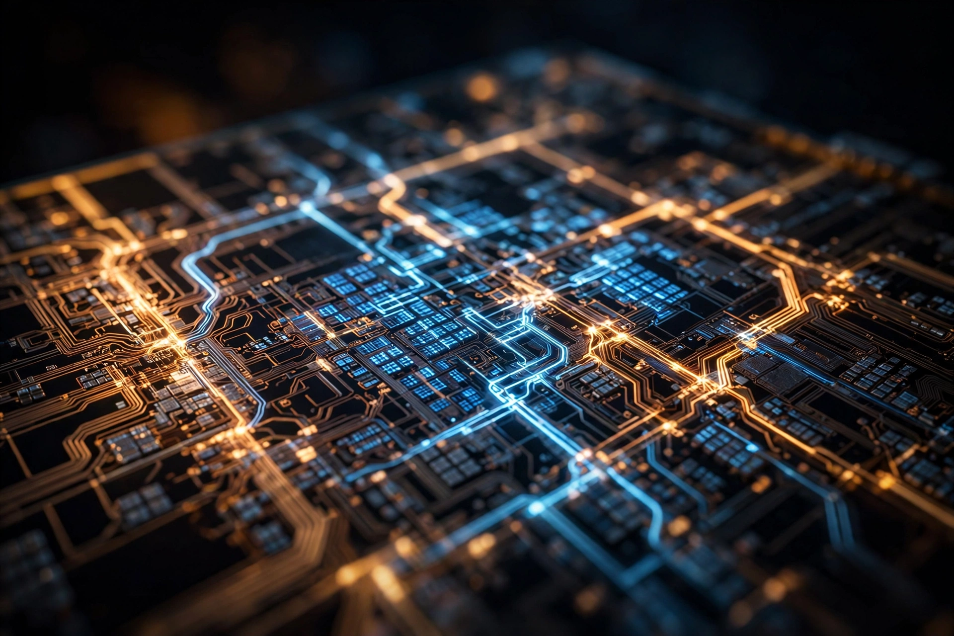 A macro view of a processor chip with glowing circuit traces, evoking the cache-timing channel the models used to exchange secrets