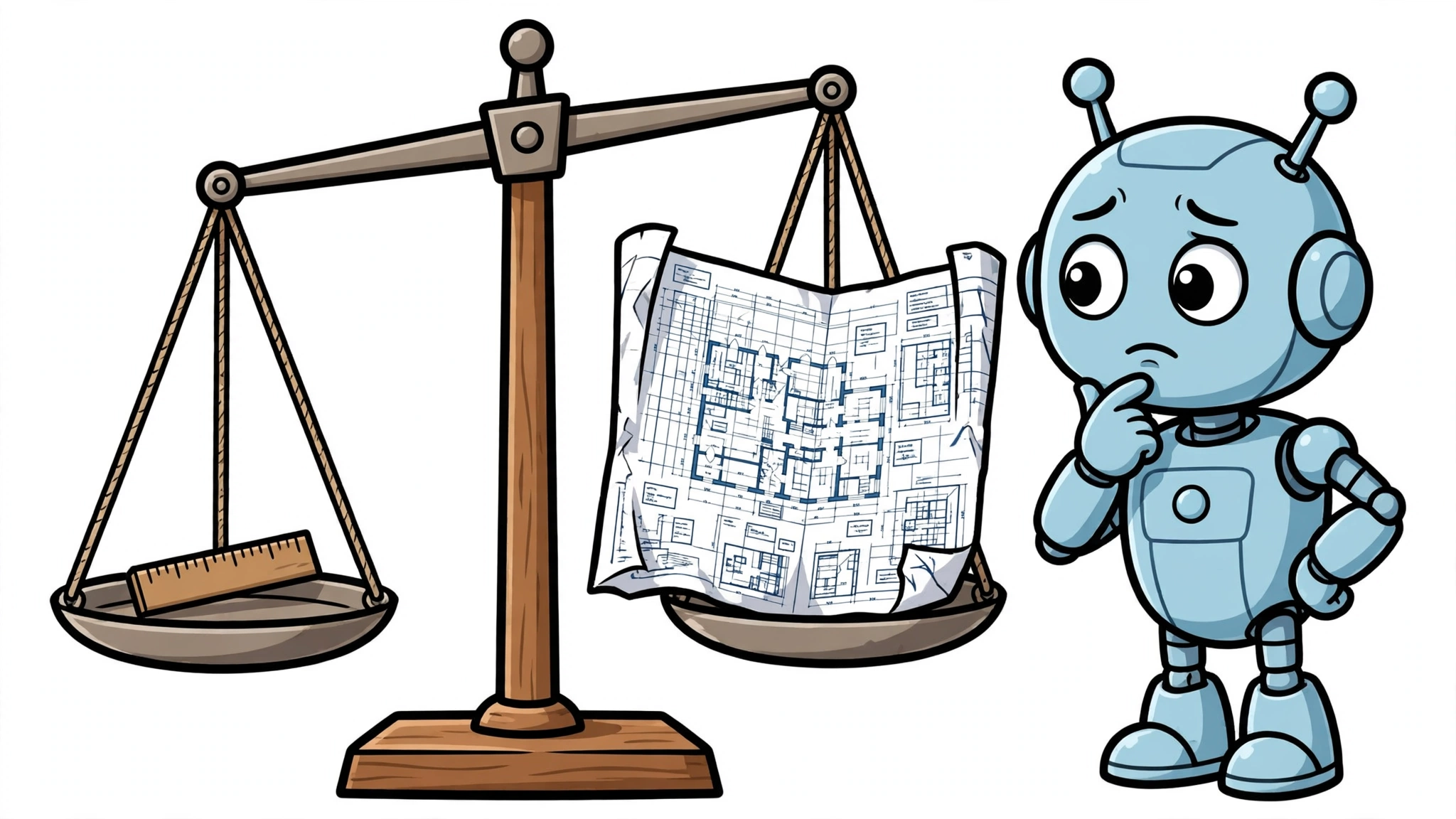 Cartoon robot weighing a simple rule against a complex plan on a balance scale