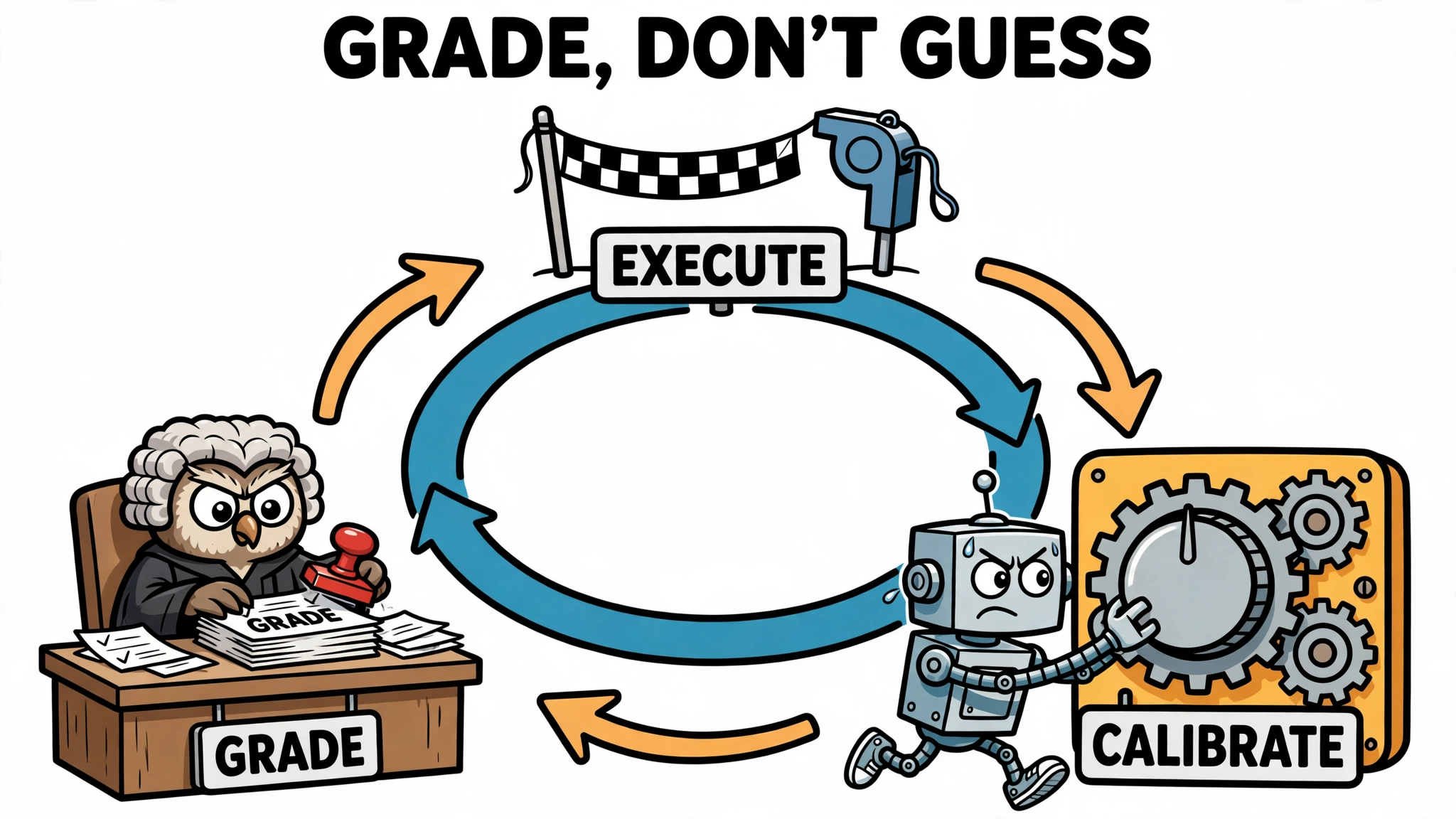 Cartoon robot running a circular loop through three stations: EXECUTE start line, owl judge GRADE bench, and a CALIBRATE tuning dial