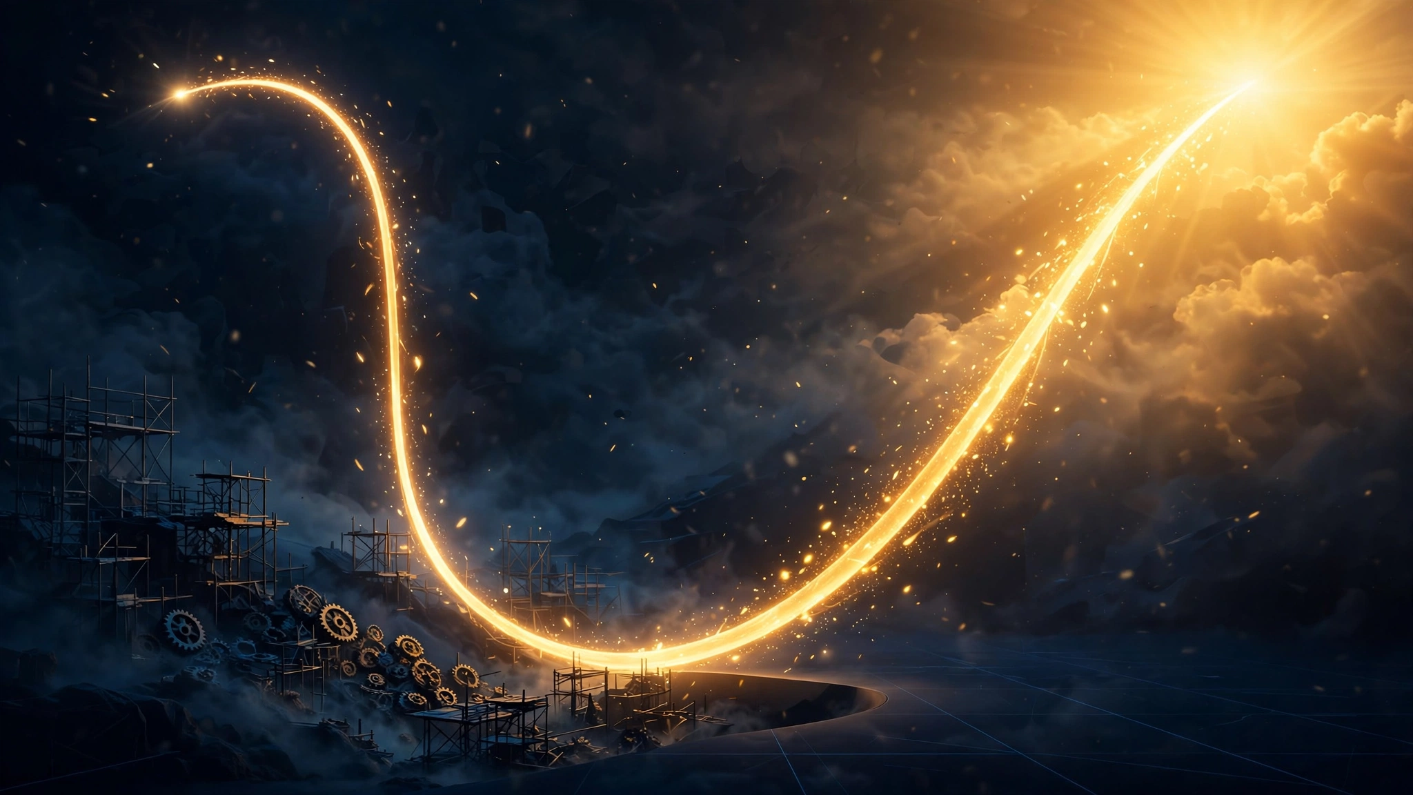 A glowing J-shaped curve dipping through a dark valley of scaffolding and gears, then rising into golden light — the long lag before new technology pays off.