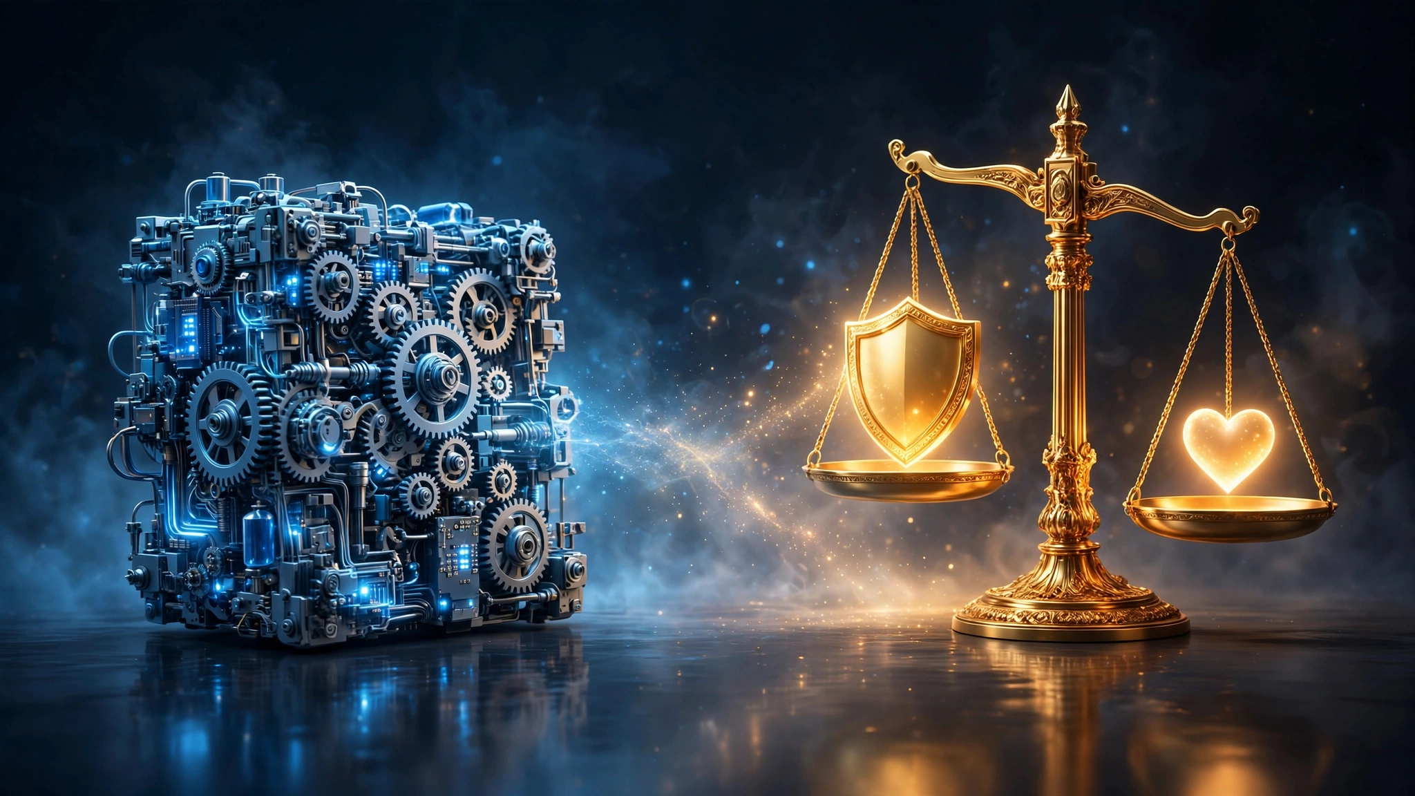 A cold blue machine of gears facing a golden balance scale holding a shield and a heart — AI calculates, but business runs on judgment.