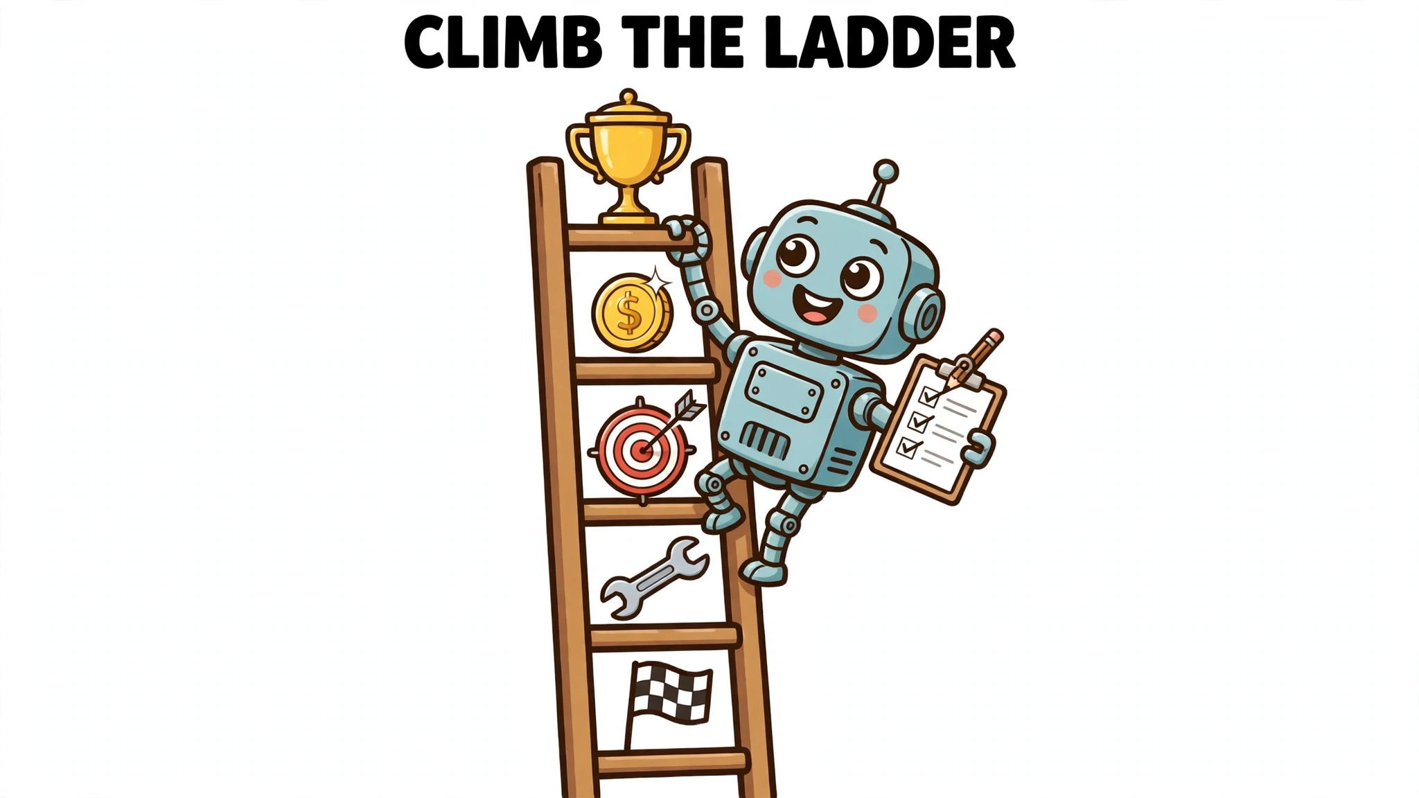 Cartoon robot climbing a ladder whose rungs carry metric icons (finish flag, wrench, target, coin) toward a trophy