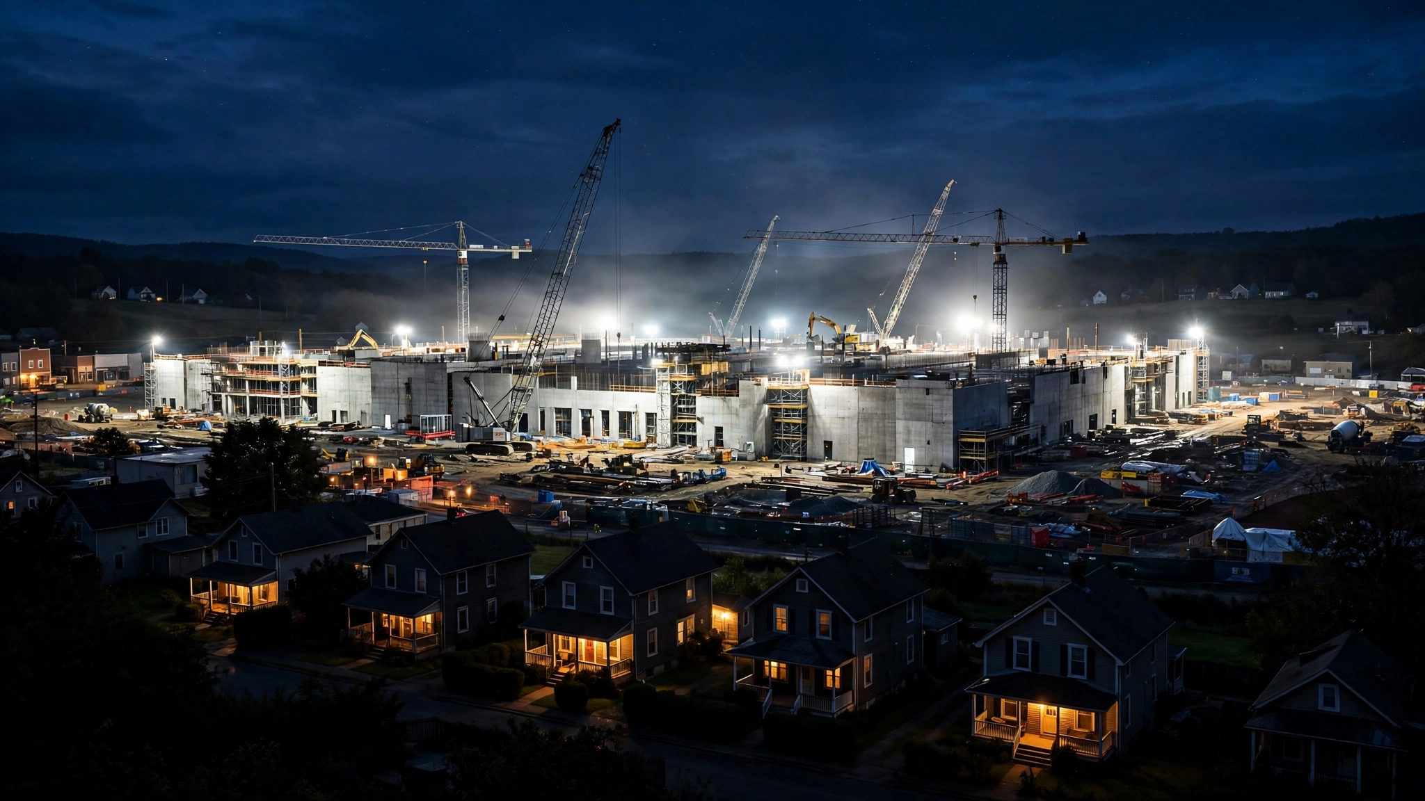 A data center construction site at night on the edge of a small town