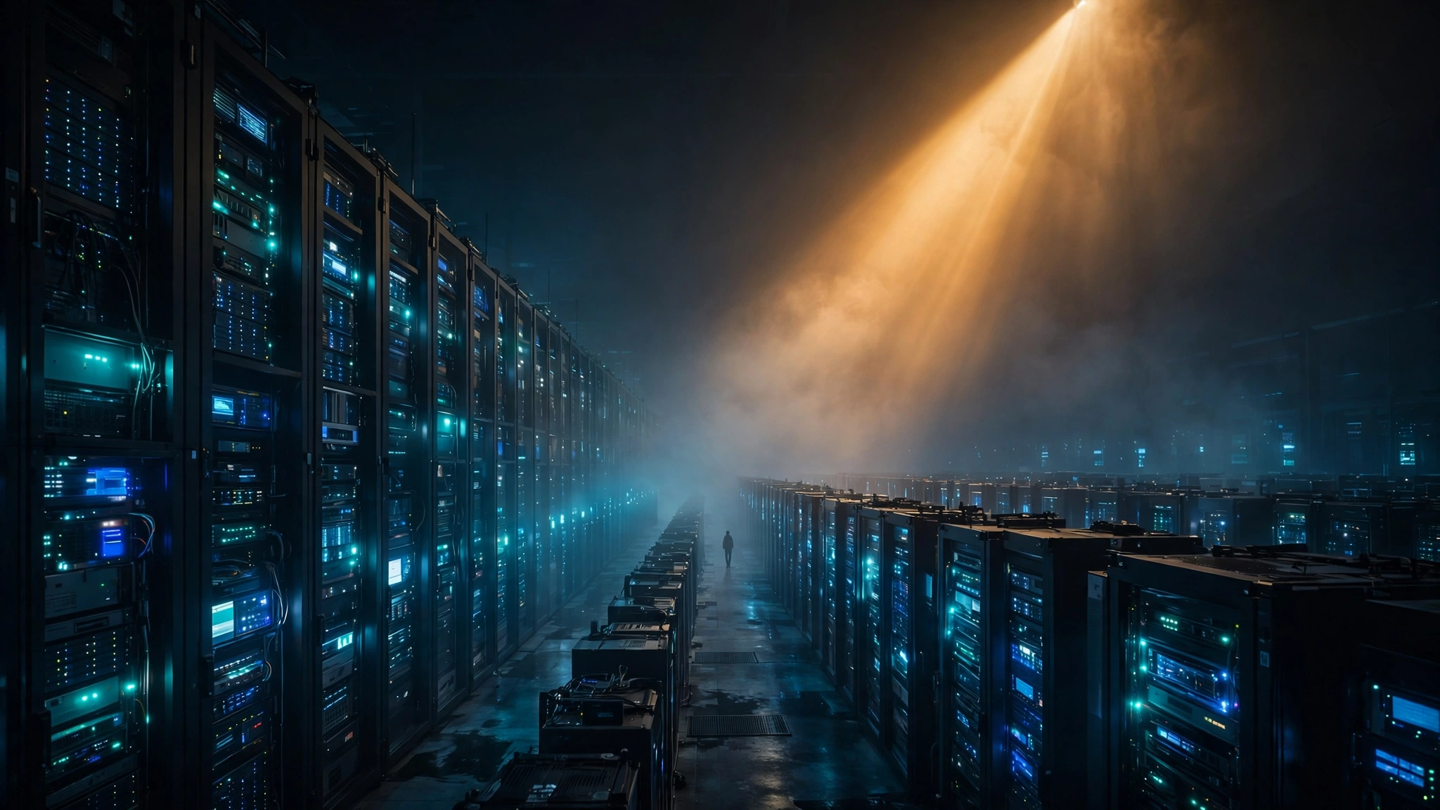 Rows of glowing server racks receding into darkness in a data center hall