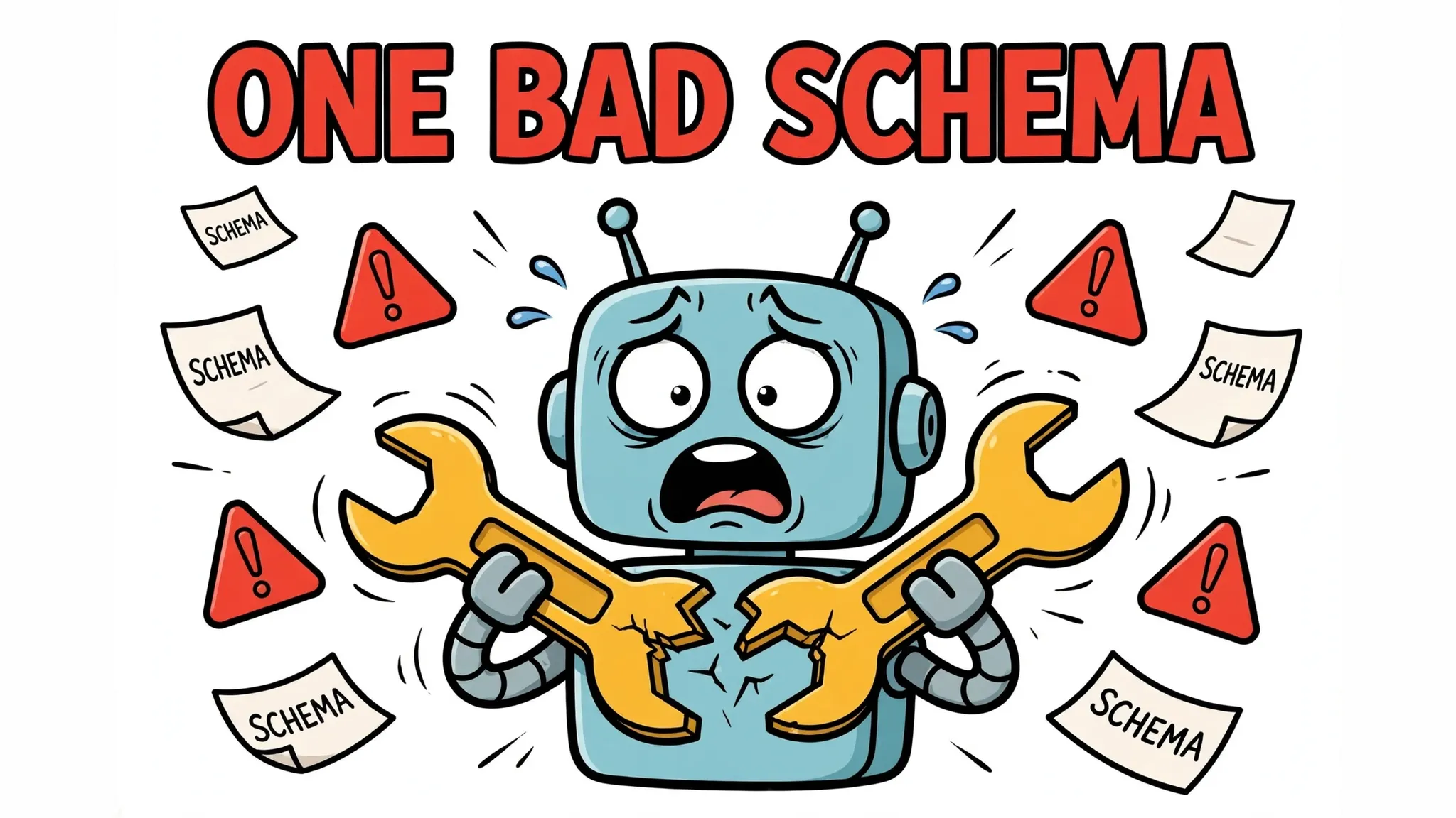 Panicking cartoon robot holding a wrench tool snapping in half amid schema warning papers