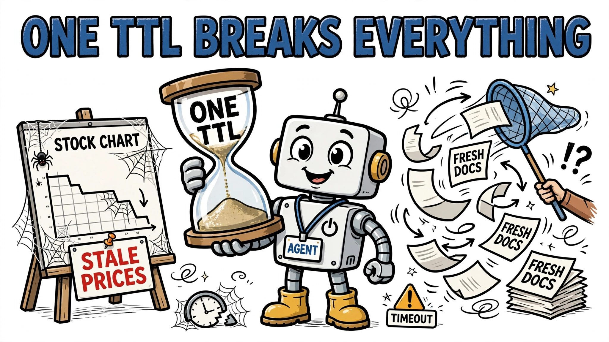 A robot holding one giant hourglass while a stock chart goes stale and fresh documents get pointlessly re-fetched - a single cache TTL breaks freshness budgets for real-time data agents.