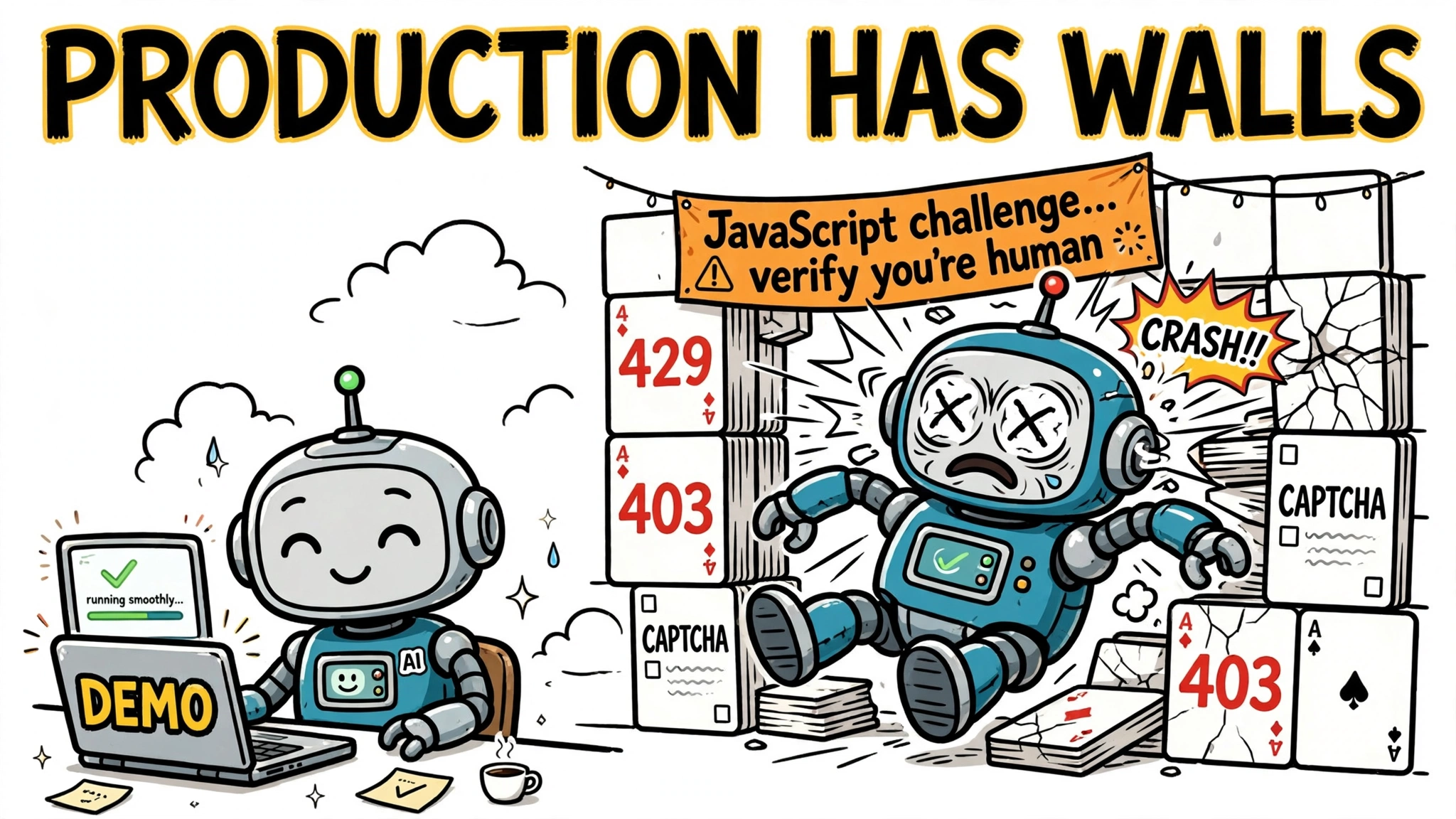 Happy demo agent with a laptop beside a twin agent crashing into a wall of 429, 403 and CAPTCHA cards - production rate limits hit real-time data agents.