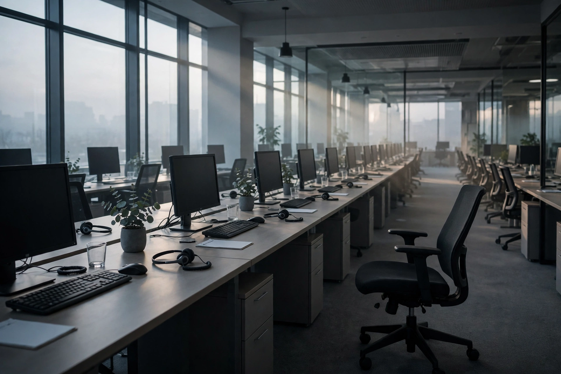 Empty customer-support office at dawn after AI layoffs