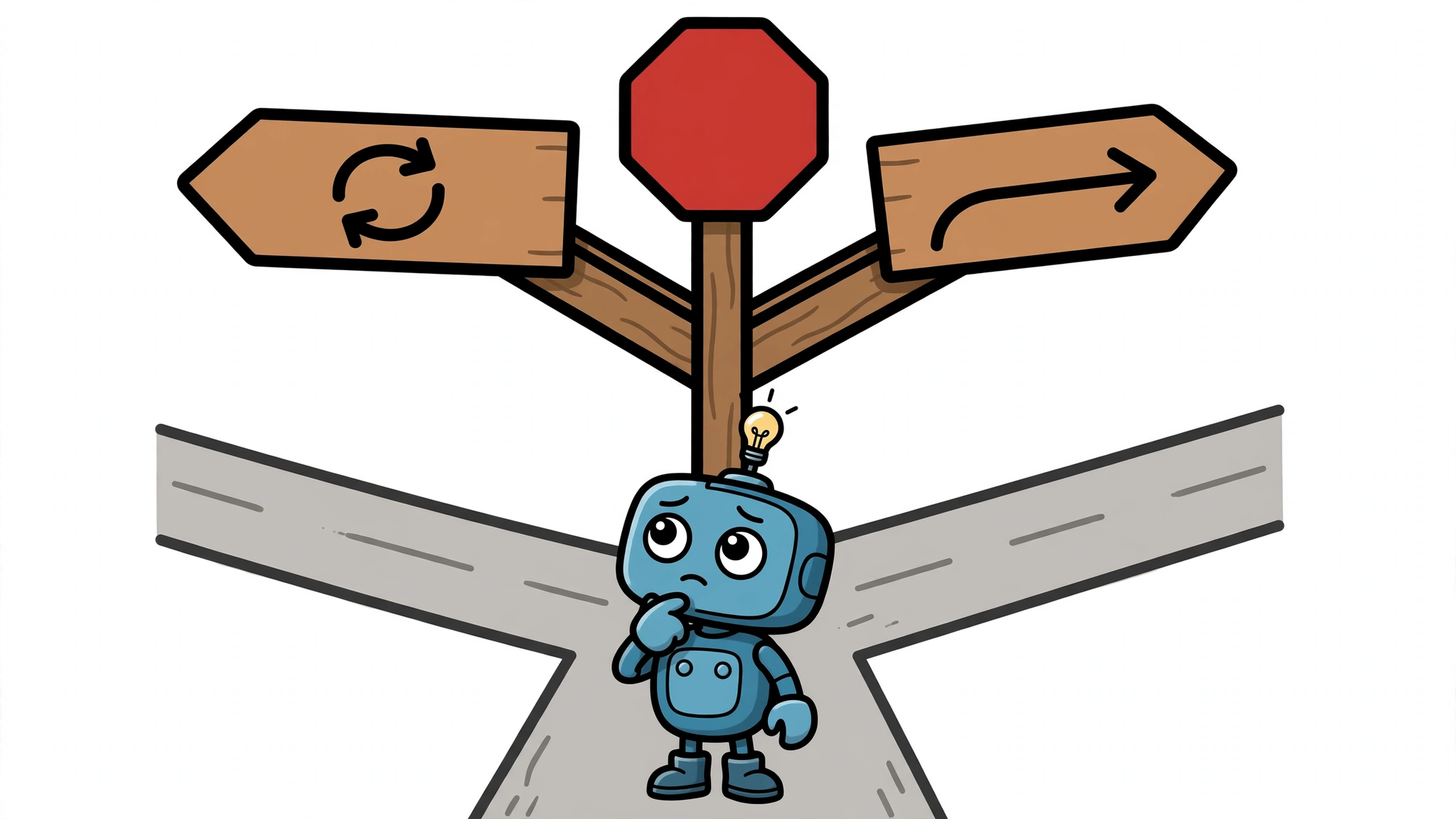 Cartoon robot at a crossroads choosing between retrying, replanning, or stopping