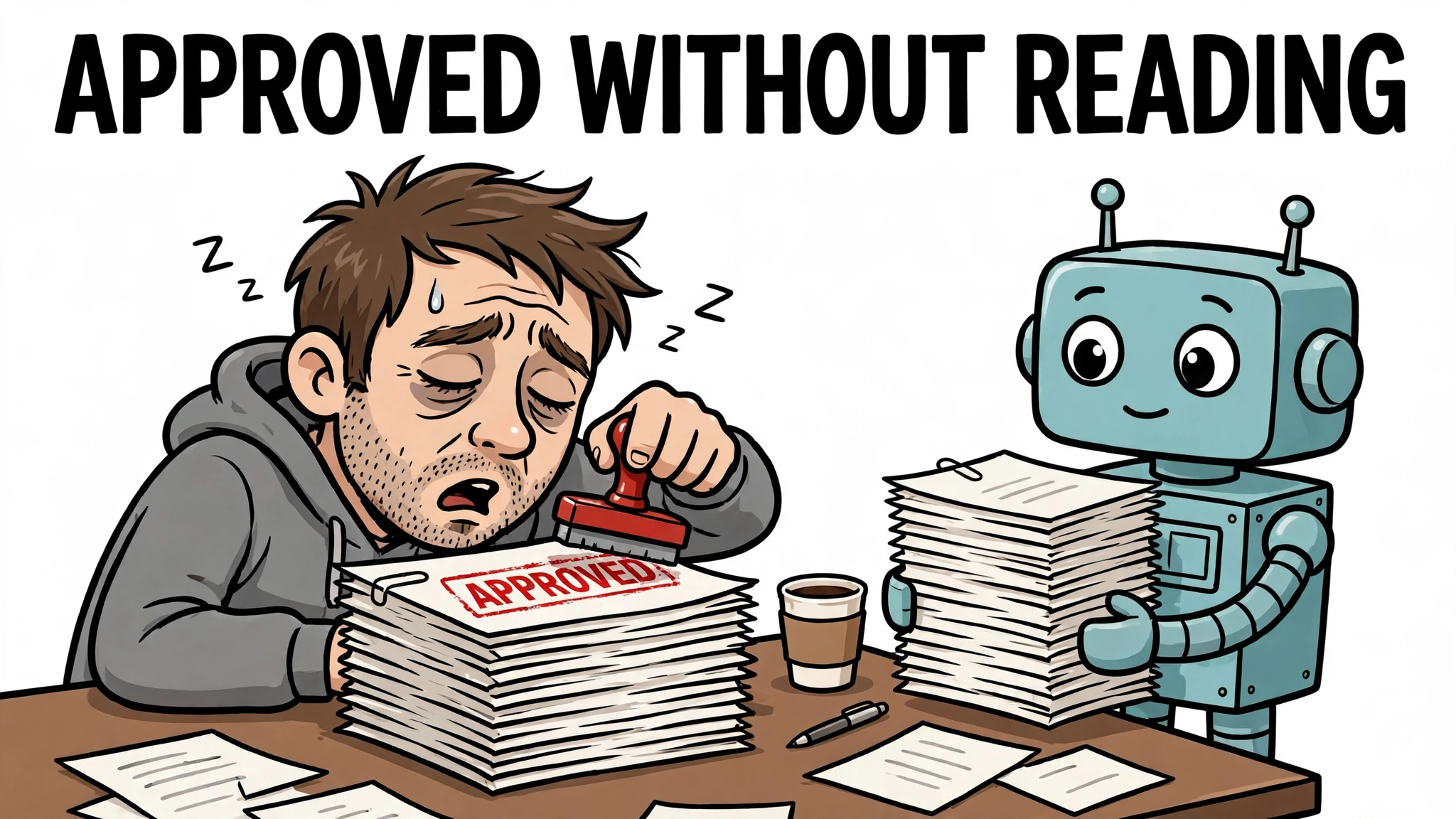 Exhausted human rubber-stamping a tall stack of approval papers with eyes closed while a robot waits with another stack