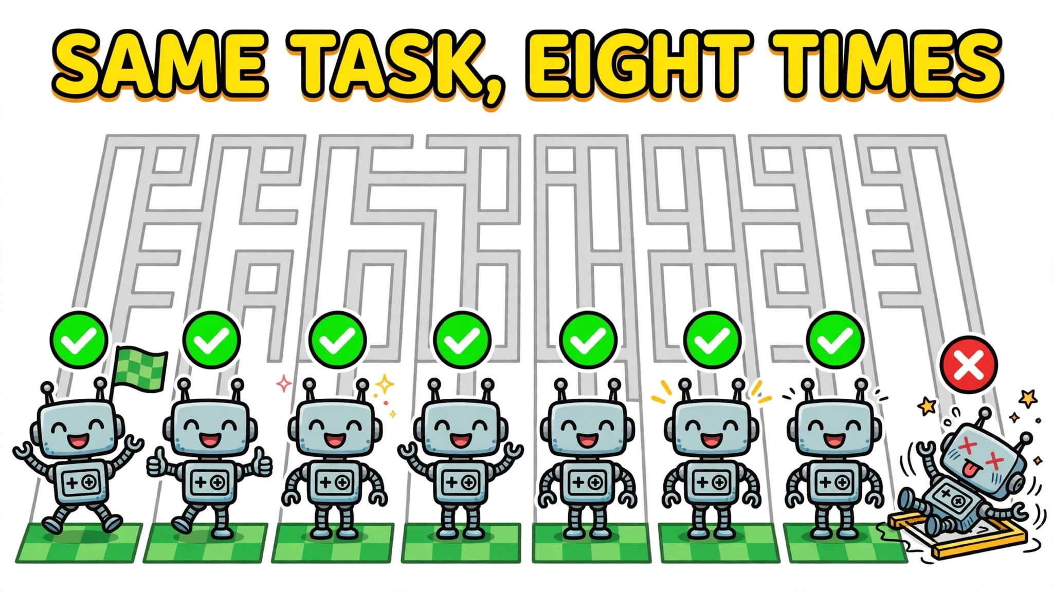 Eight identical cartoon robots run the same maze; seven reach the finish with green checkmarks and one trips with a red X, illustrating pass@k versus pass^k.