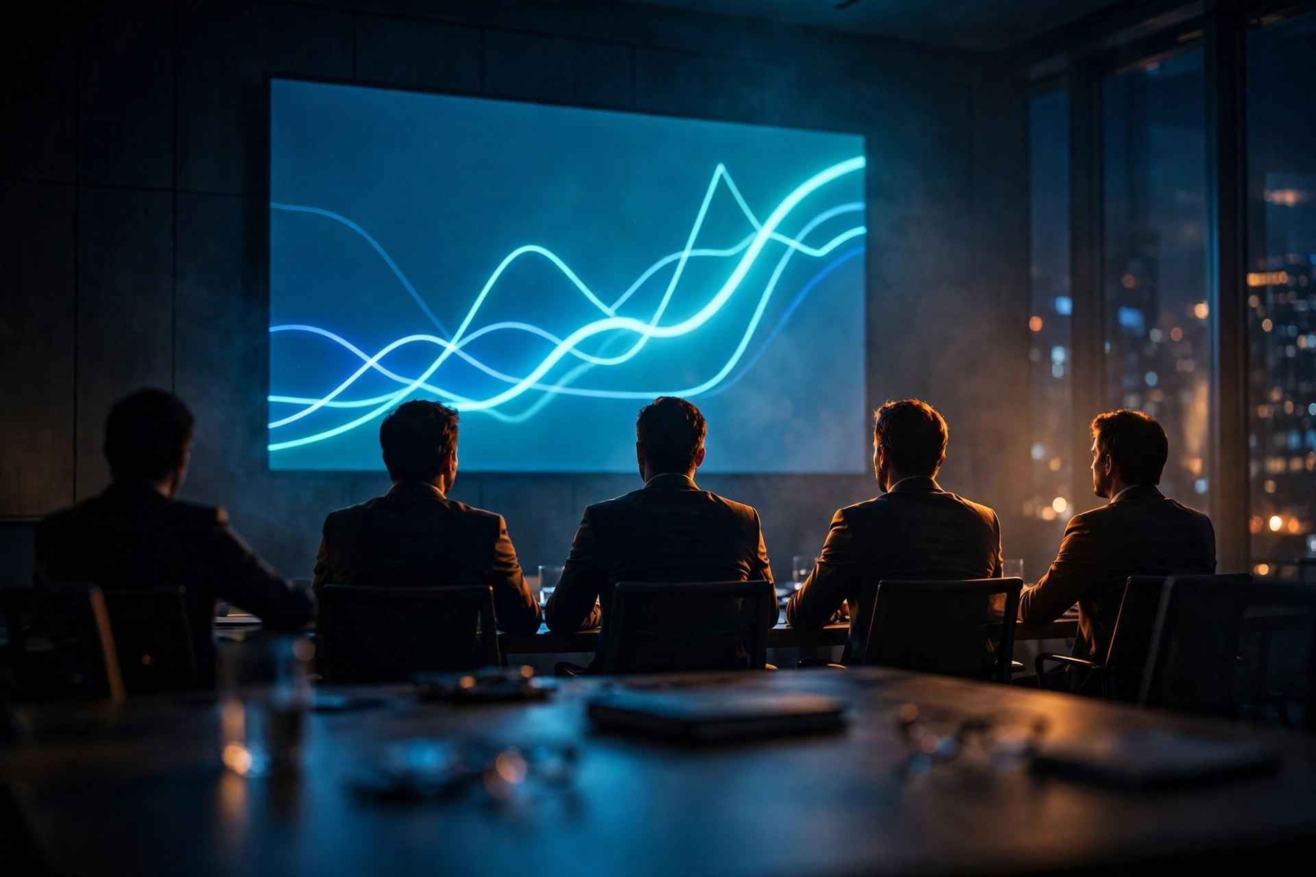 Dark boardroom with executives facing a glowing AI strategy presentation