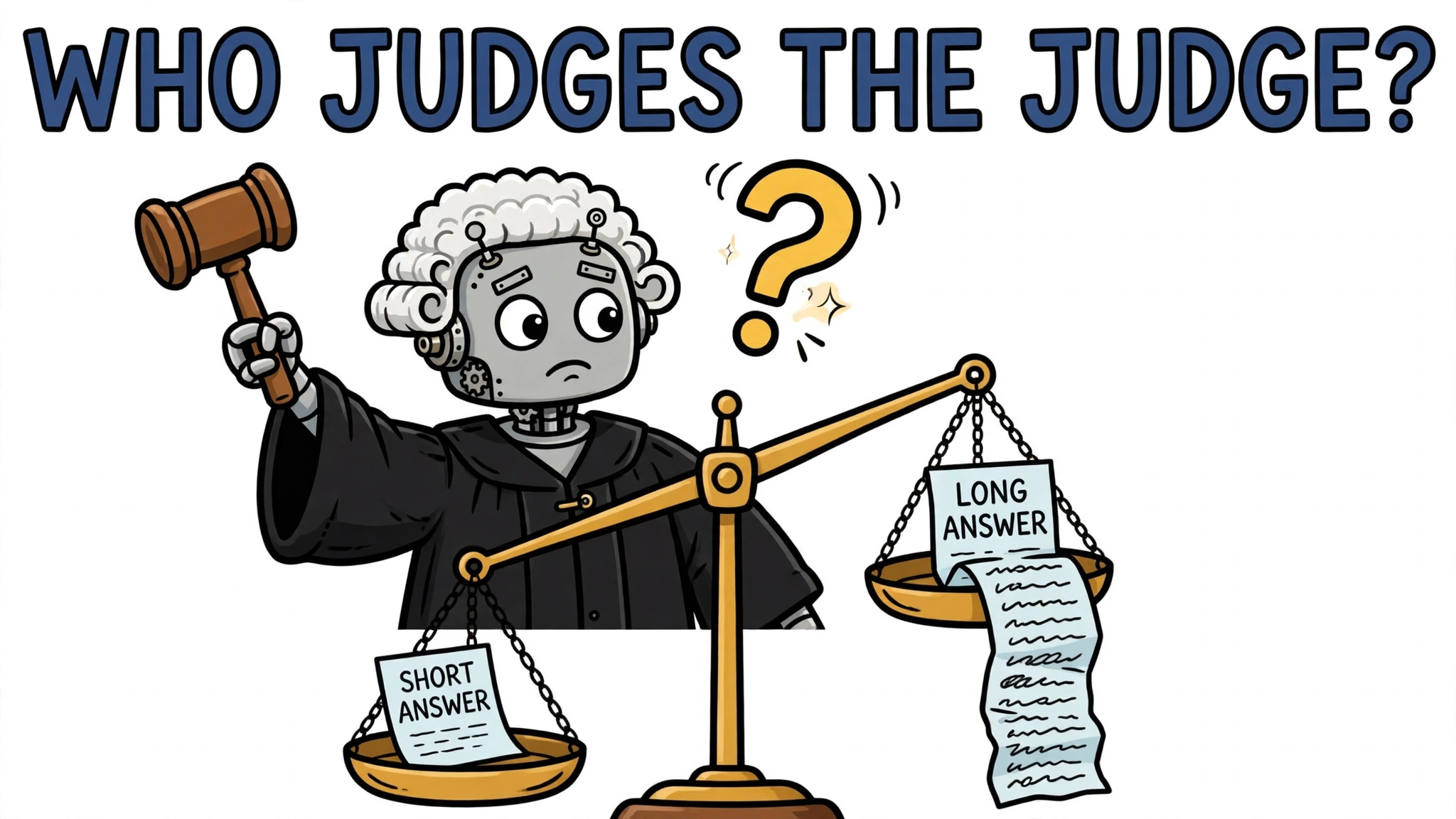 A cartoon robot judge with a gavel weighs a short answer against a long answer on a balance scale, illustrating LLM-as-a-judge bias.