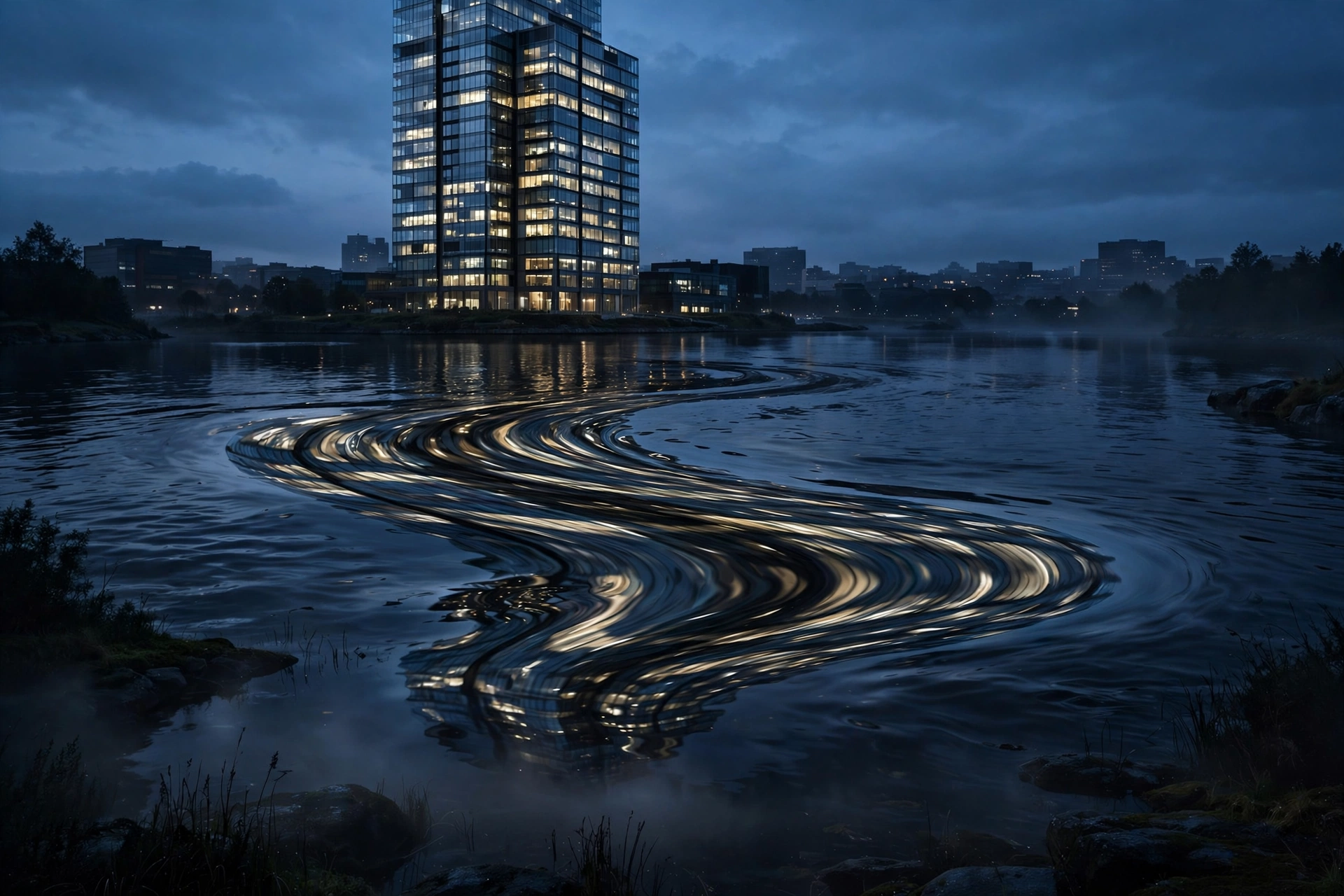A glass tower reflected in dark water at night, the reflection larger than the tower itself