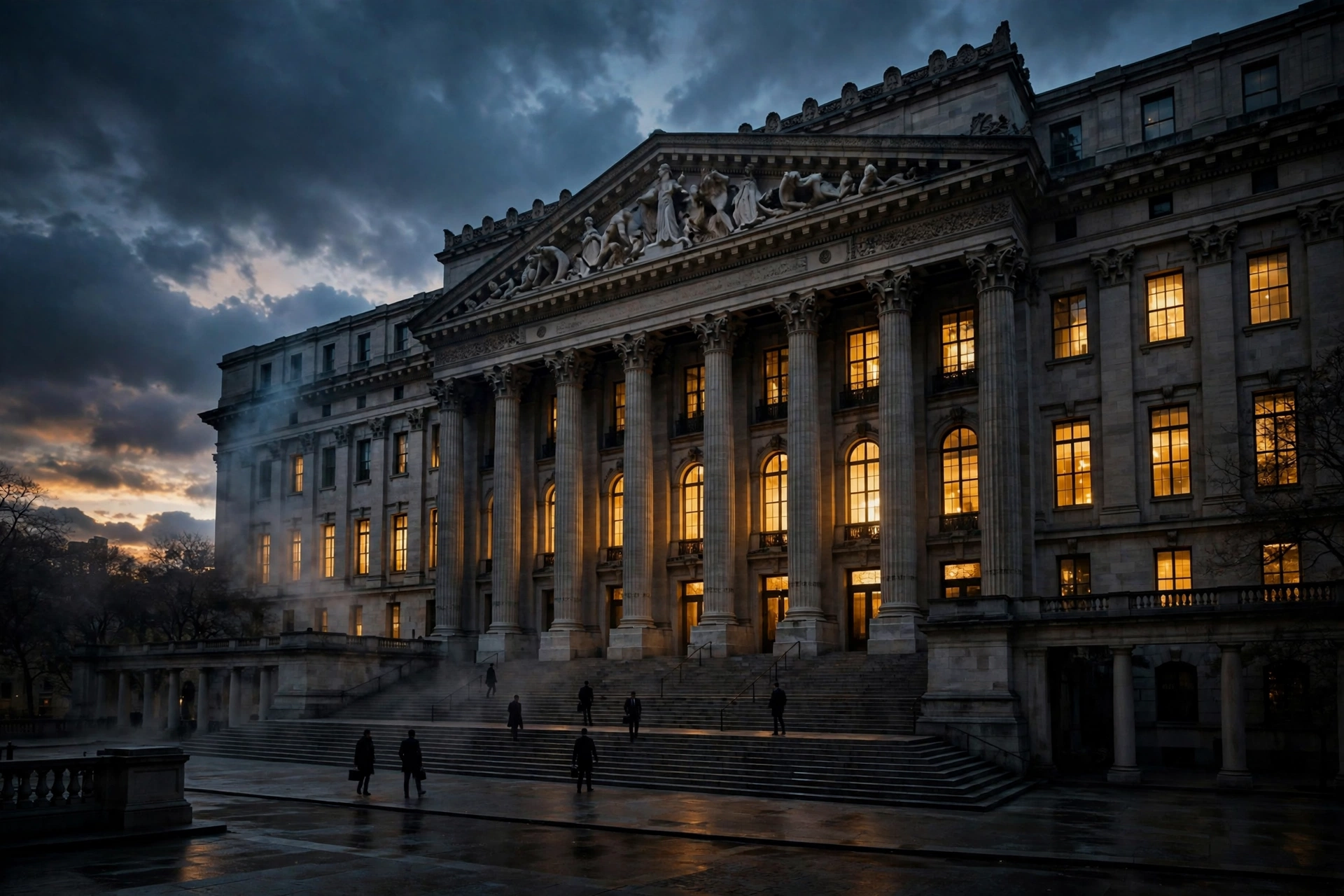 A grand stock exchange building at dusk, warm light in the windows, silhouetted figures on the steps