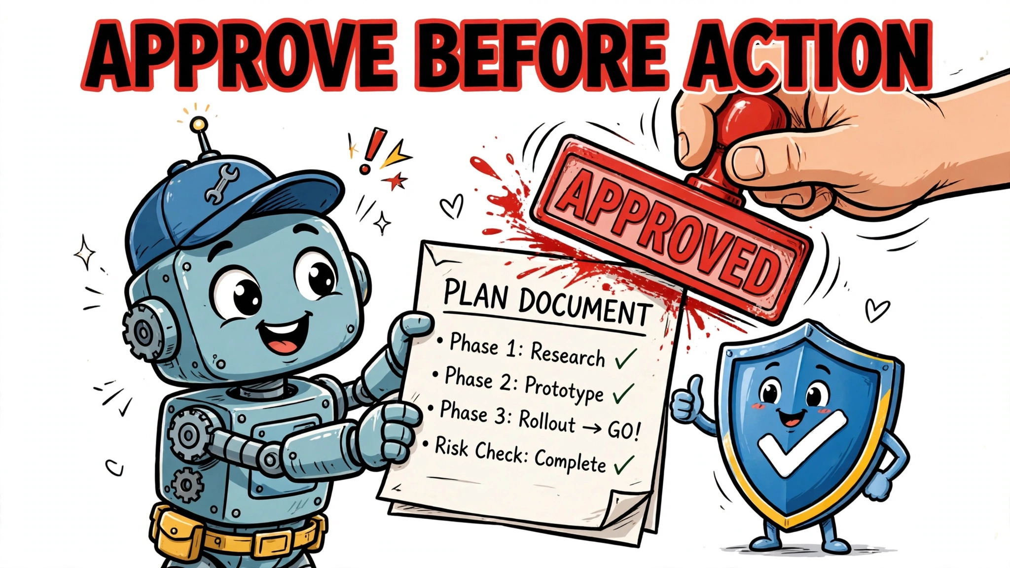 Cartoon of a robot agent presenting a plan document being stamped APPROVED by a human hand, headline APPROVE BEFORE ACTION — illustrating human approval points when you build an AI agent.