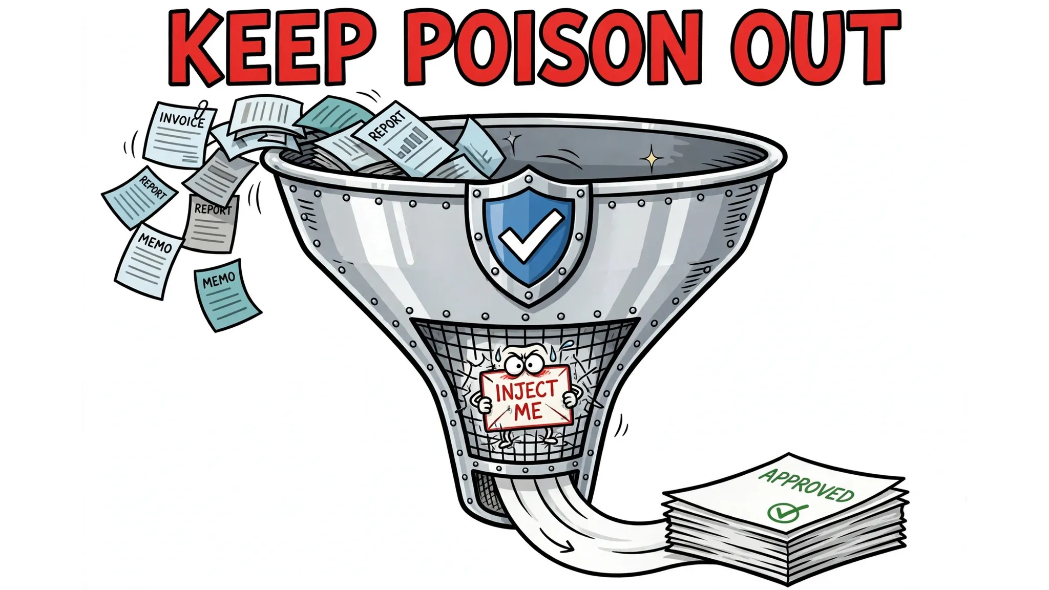 Cartoon illustration of a shield-marked funnel screening incoming documents, catching a sneaky INJECT ME note in its filter while clean pages pass through as APPROVED, illustrating input guardrails for AI agents
