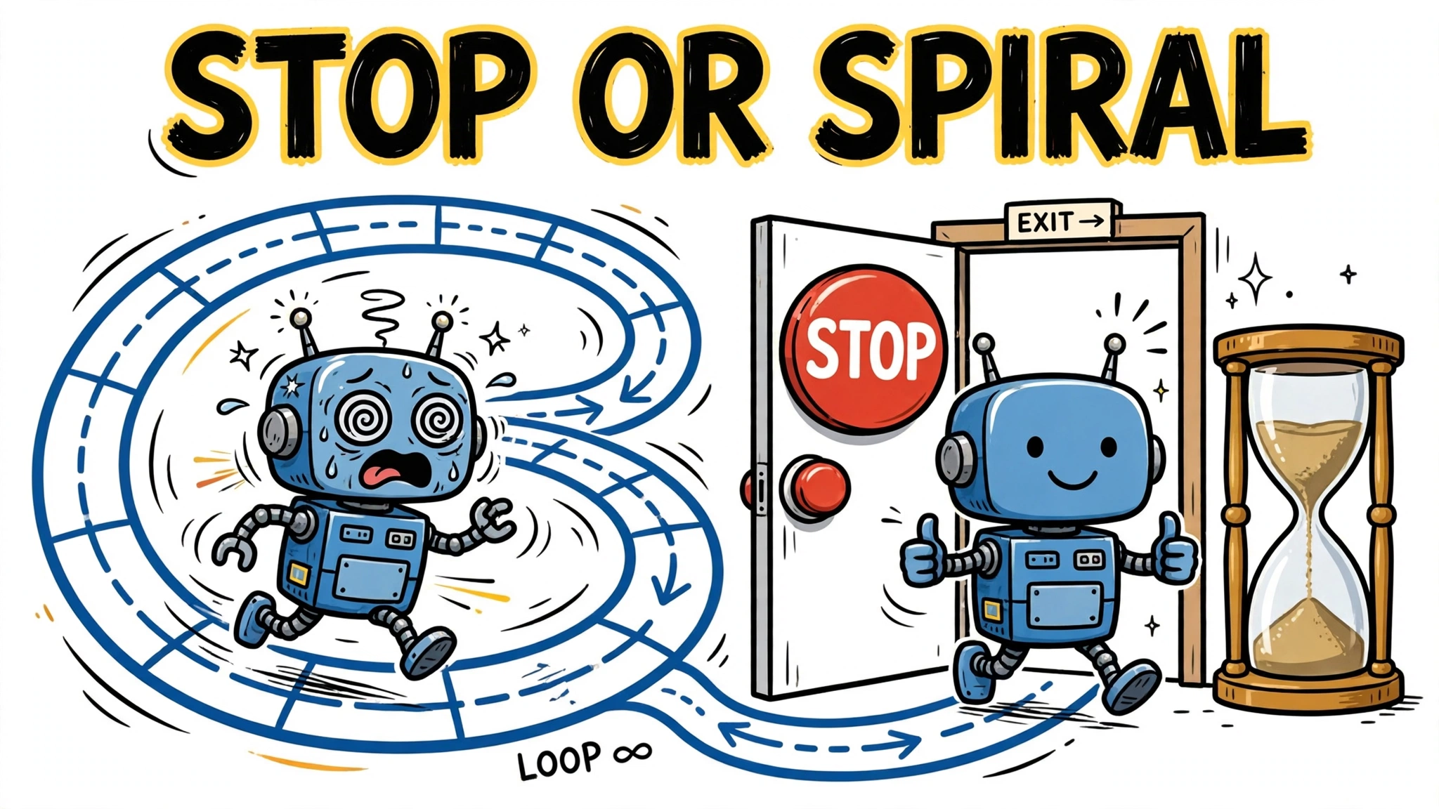 Cartoon of a dizzy AI agent trapped in an endless loop track beside one exiting through a stop-button door with an hourglass, headline STOP OR SPIRAL — illustrating bounded run loops when you build an AI agent.