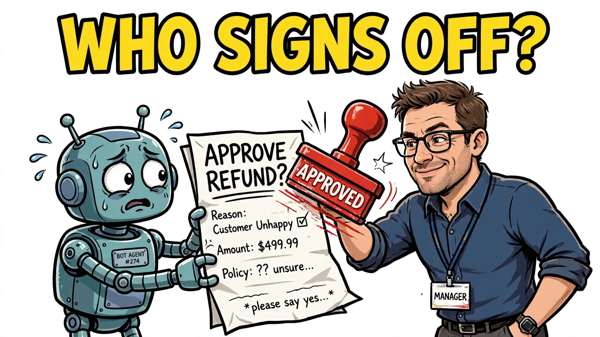 Cartoon illustration of a nervous robot agent presenting an APPROVE REFUND form to a human manager with a giant APPROVED stamp, illustrating human-in-the-loop approval gates in AI agent guardrails