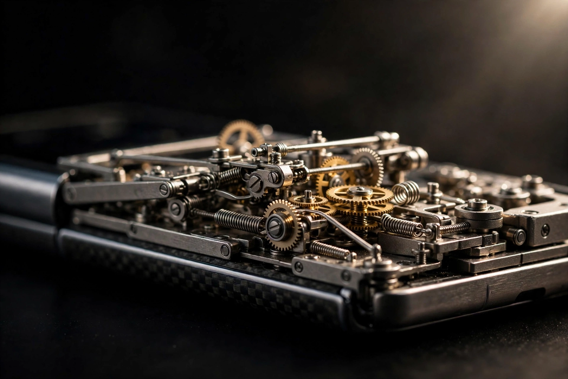 Close-up of the iPhone Duo's intricate hinge mechanism with gears, springs and metal joints