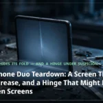 A foldable iPhone Duo half-open on a dark workbench during iFixit's teardown, its glowing inner display showing a faint crease