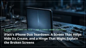 A foldable iPhone Duo half-open on a dark workbench during iFixit's teardown, its glowing inner display showing a faint crease