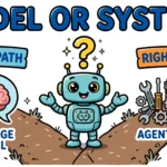 Cartoon robot at a fork between a language model brain and an agent system with tools