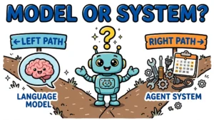 Cartoon robot at a fork between a language model brain and an agent system with tools