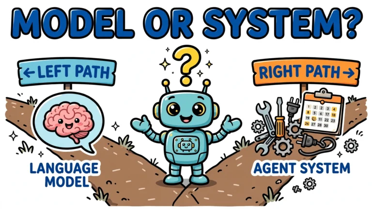Cartoon robot at a fork between a language model brain and an agent system with tools