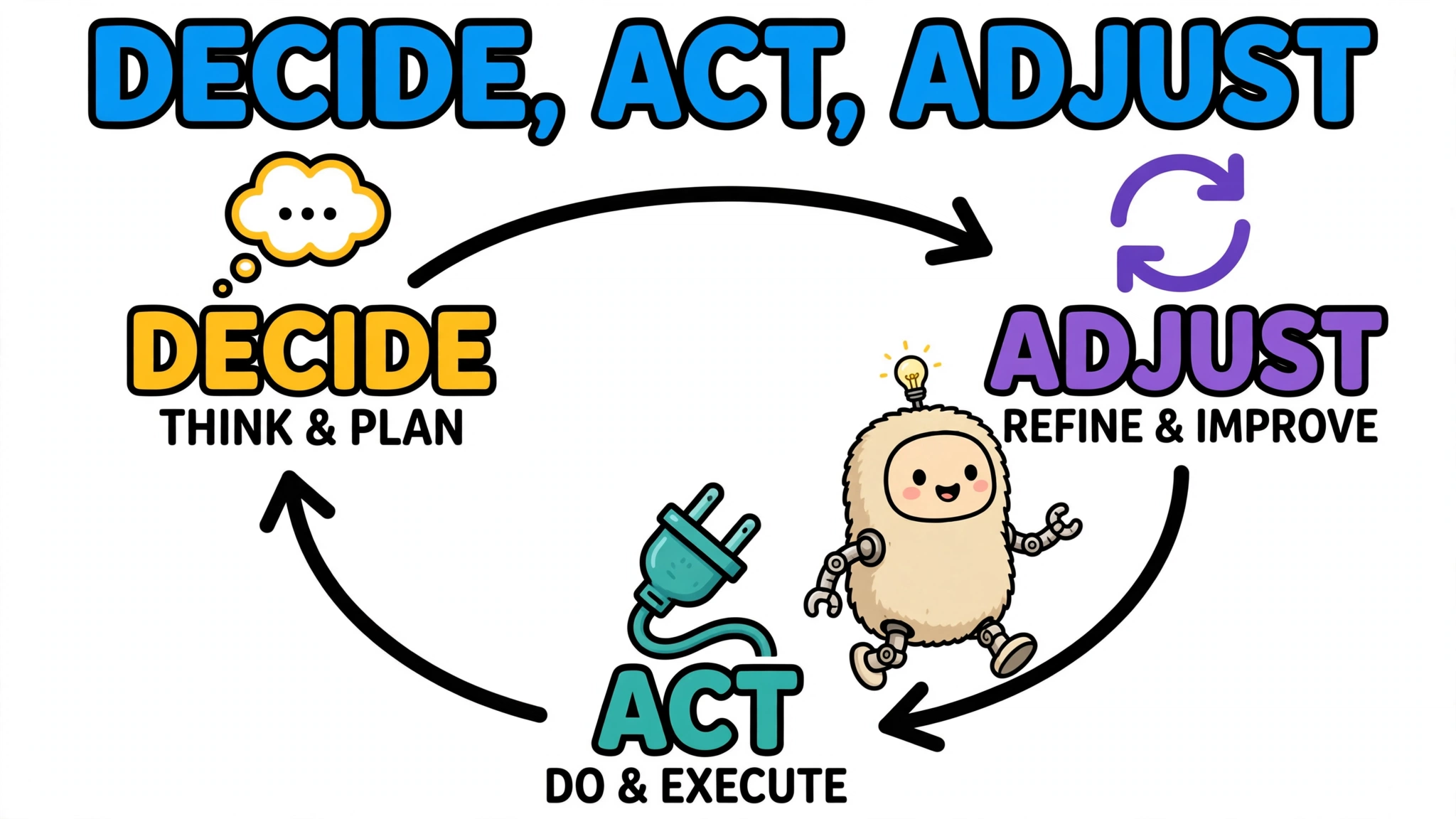 Cartoon loop diagram: decide, act, adjust
