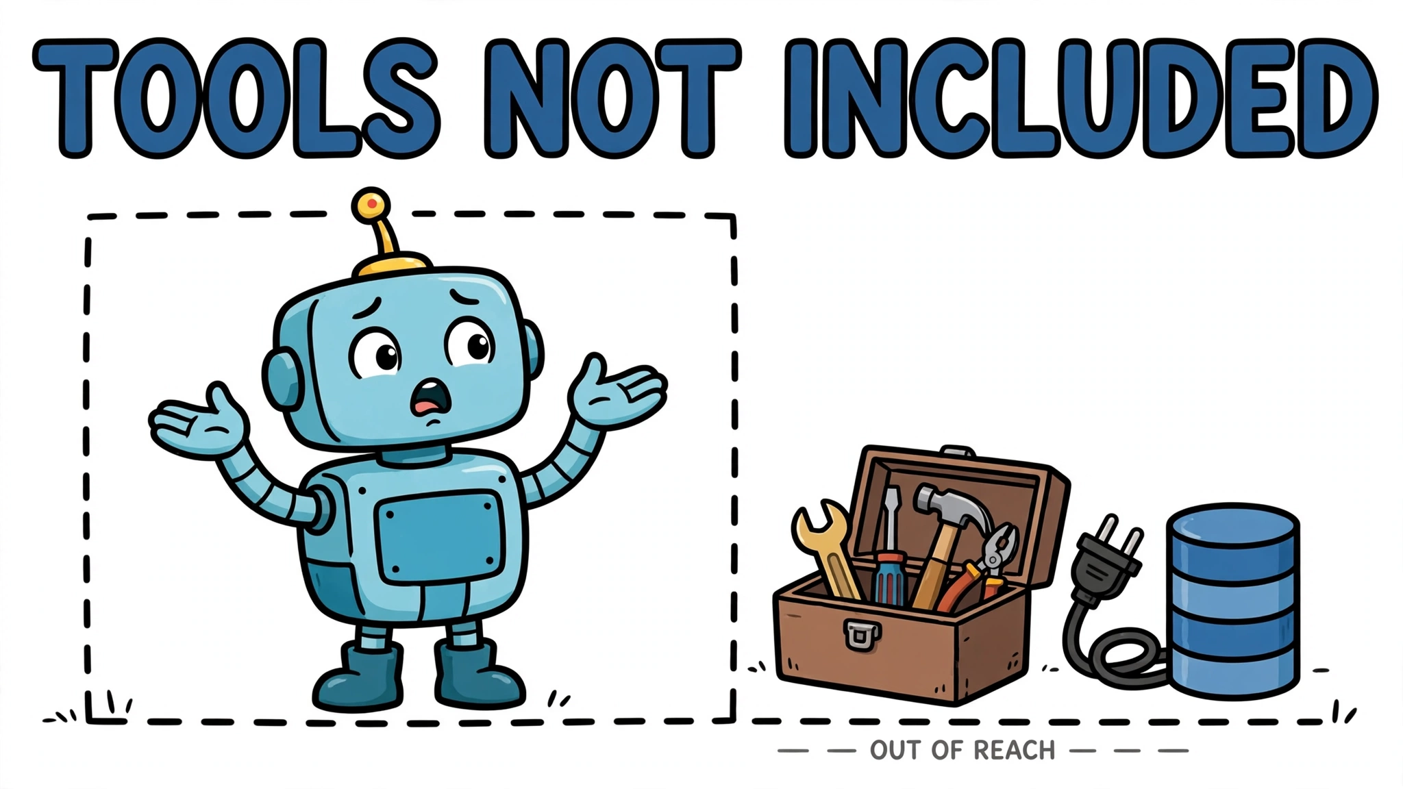 Cartoon robot with empty hands beside tools marked out of reach