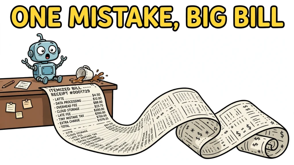 A shocked cartoon robot stares at a giant itemized bill unrolling across the floor after knocking over a coffee cup.