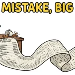 A shocked cartoon robot stares at a giant itemized bill unrolling across the floor after knocking over a coffee cup.