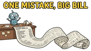 A shocked cartoon robot stares at a giant itemized bill unrolling across the floor after knocking over a coffee cup.