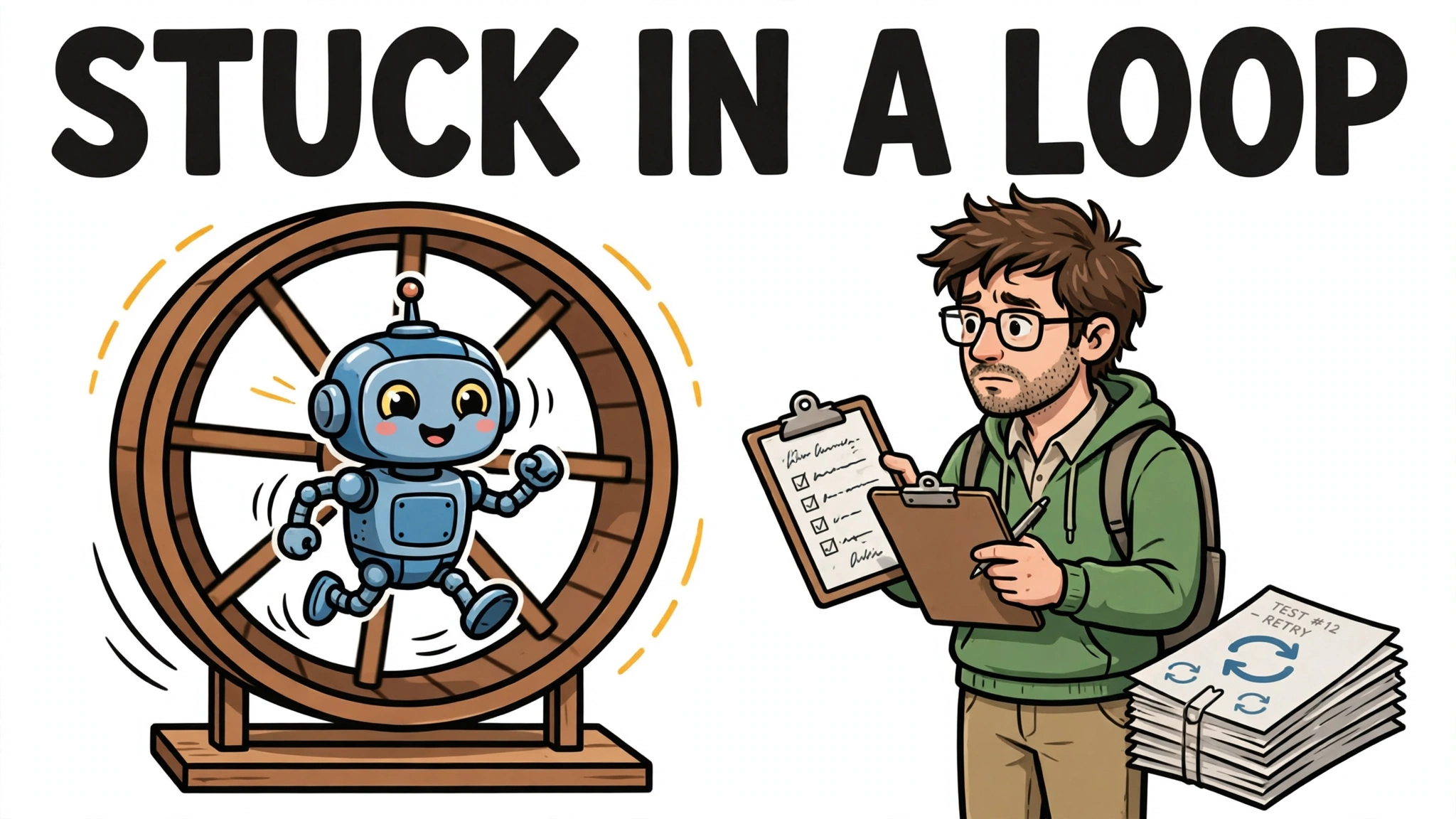 A cartoon robot runs in circles on a hamster wheel while a person with a clipboard watches and takes notes.