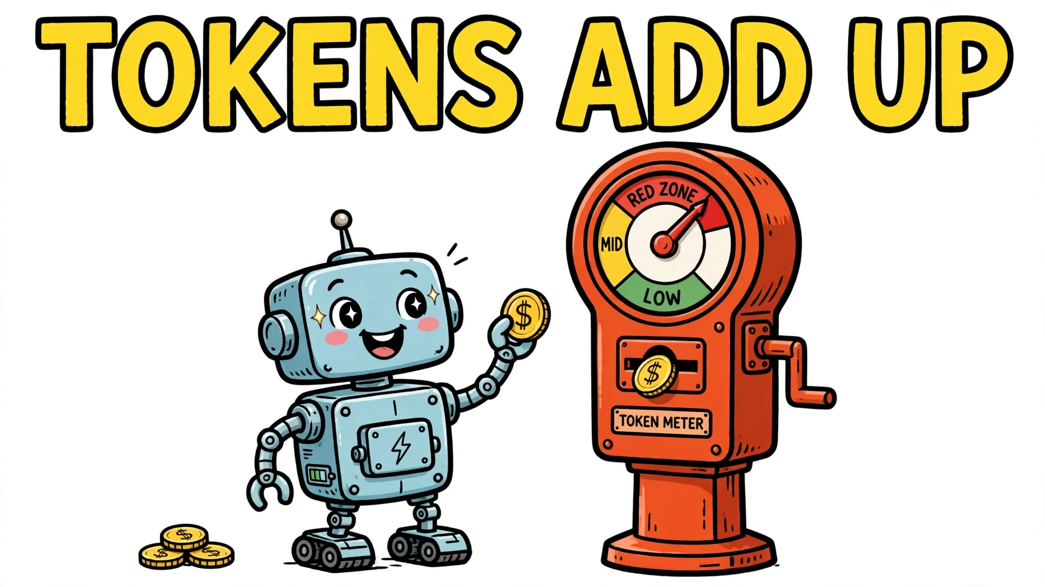 A cheerful cartoon robot feeds gold coins into a token meter whose needle climbs into the red zone.