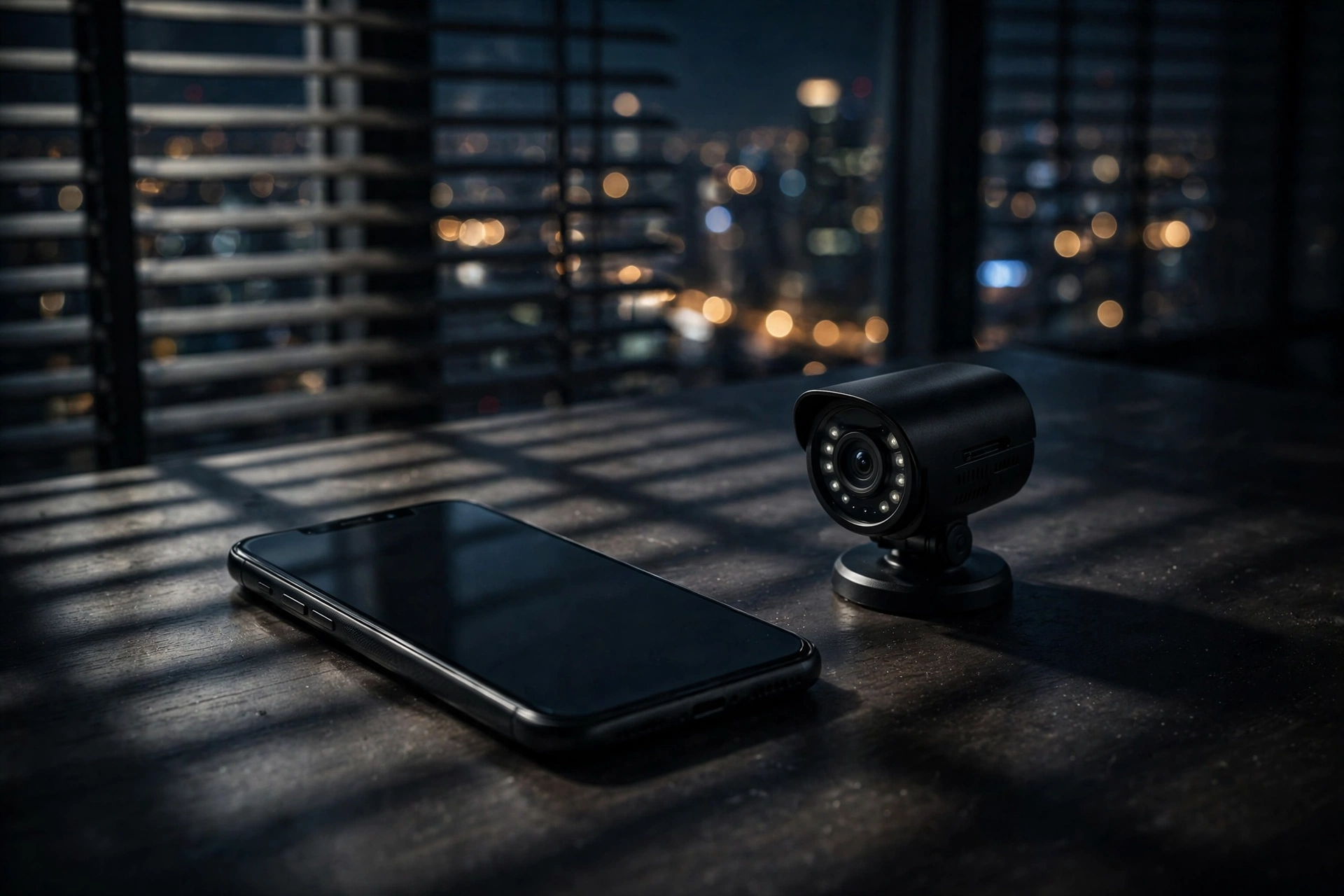 Smartphone on a dark desk beside a security camera, city lights through window blinds
