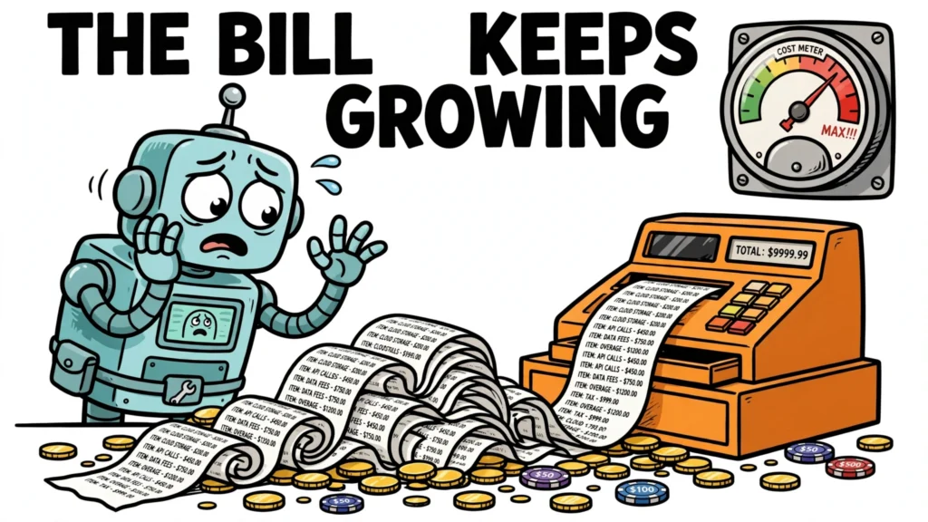 Worried cartoon robot agent watching a cash register print an endlessly long receipt while a cost meter climbs into the red — the token bill keeps growing