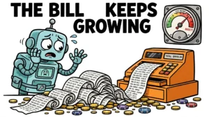 Worried cartoon robot agent watching a cash register print an endlessly long receipt while a cost meter climbs into the red — the token bill keeps growing