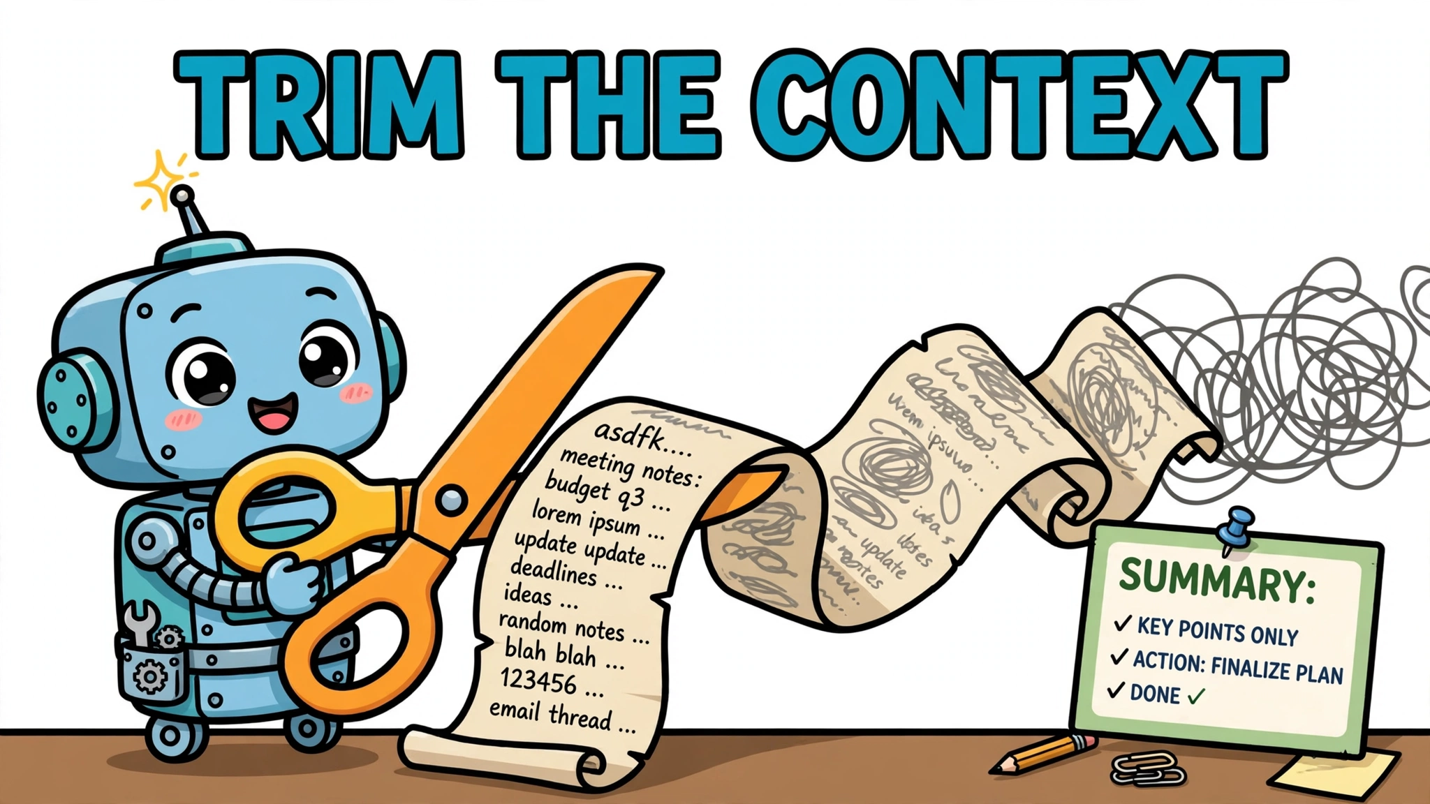 Cheerful cartoon robot trimming a long messy scroll of notes down to one small summary card — pruning context between reasoning steps
