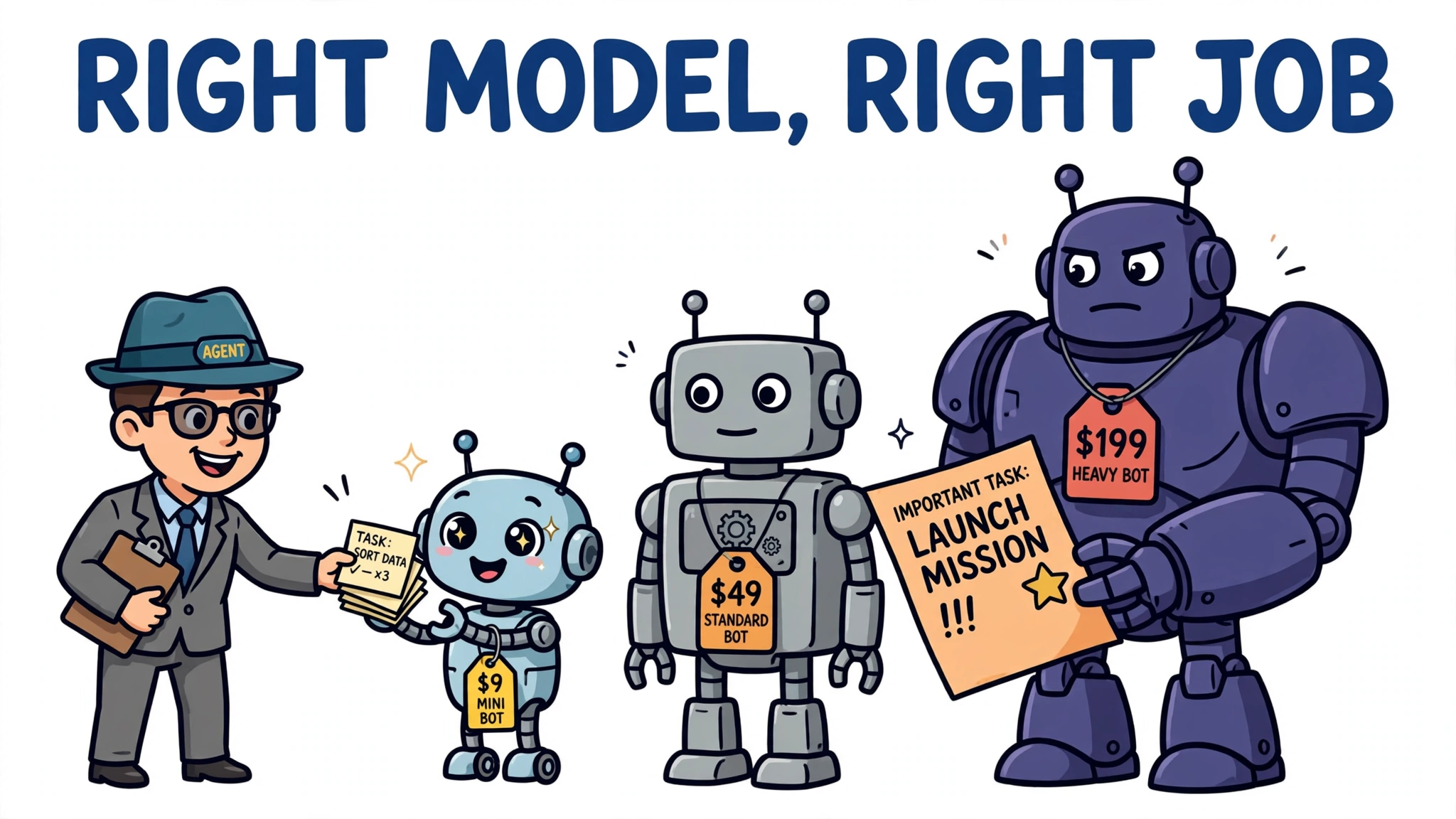 Cartoon agent routing small tasks to a small cheap robot and one big important task to a large expensive robot — choosing the right model for each sub-task