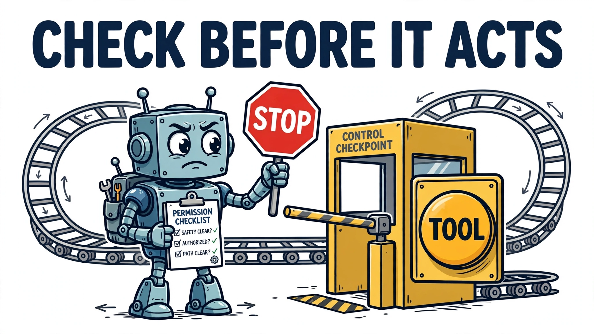 Cartoon robot holding a stop sign and permission checklist at a control checkpoint before using a tool