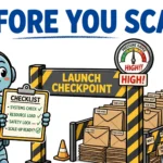 Cartoon robot agent at a launch checkpoint holding a checklist, with a pressure gauge reading HIGH and a queue of task envelopes waiting