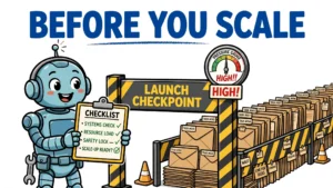 Cartoon robot agent at a launch checkpoint holding a checklist, with a pressure gauge reading HIGH and a queue of task envelopes waiting
