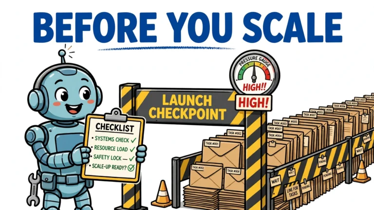 Cartoon robot agent at a launch checkpoint holding a checklist, with a pressure gauge reading HIGH and a queue of task envelopes waiting