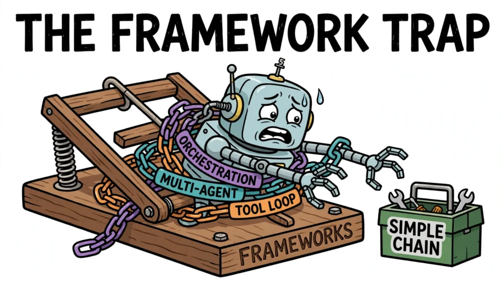 Cartoon robot caught in a mousetrap labeled FRAMEWORKS, tangled in ORCHESTRATION, MULTI-AGENT and TOOL LOOP chains, reaching for a SIMPLE CHAIN toolbox — THE FRAMEWORK TRAP