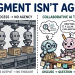 Cartoon split illustration: a rigid assembly line of identical robots versus a lively team of three AI specialist characters, headlined JUDGMENT ISN'T AGENCY