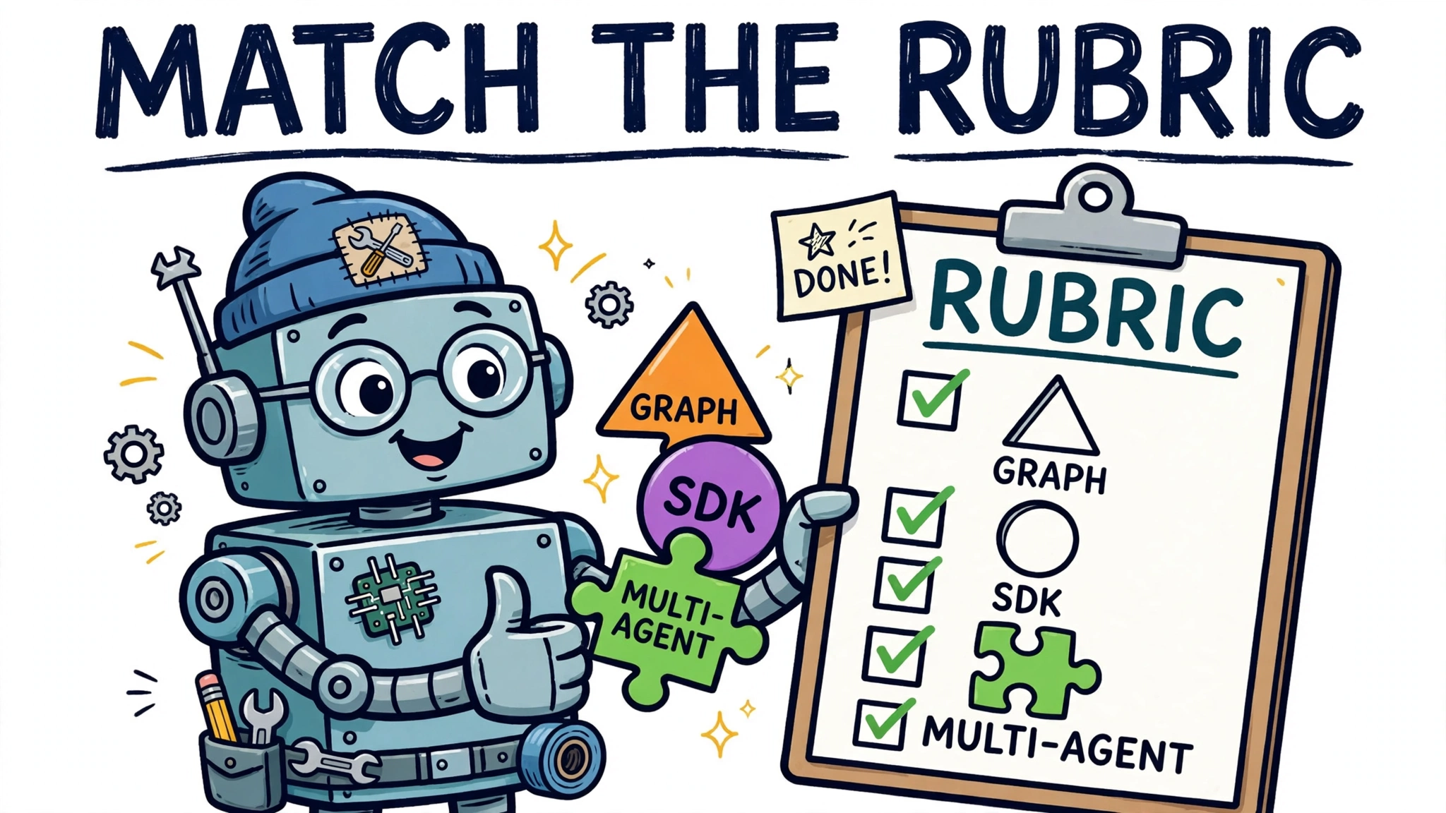 Cheerful robot engineer slotting GRAPH, SDK and MULTI-AGENT puzzle pieces into a RUBRIC checklist — MATCH THE RUBRIC