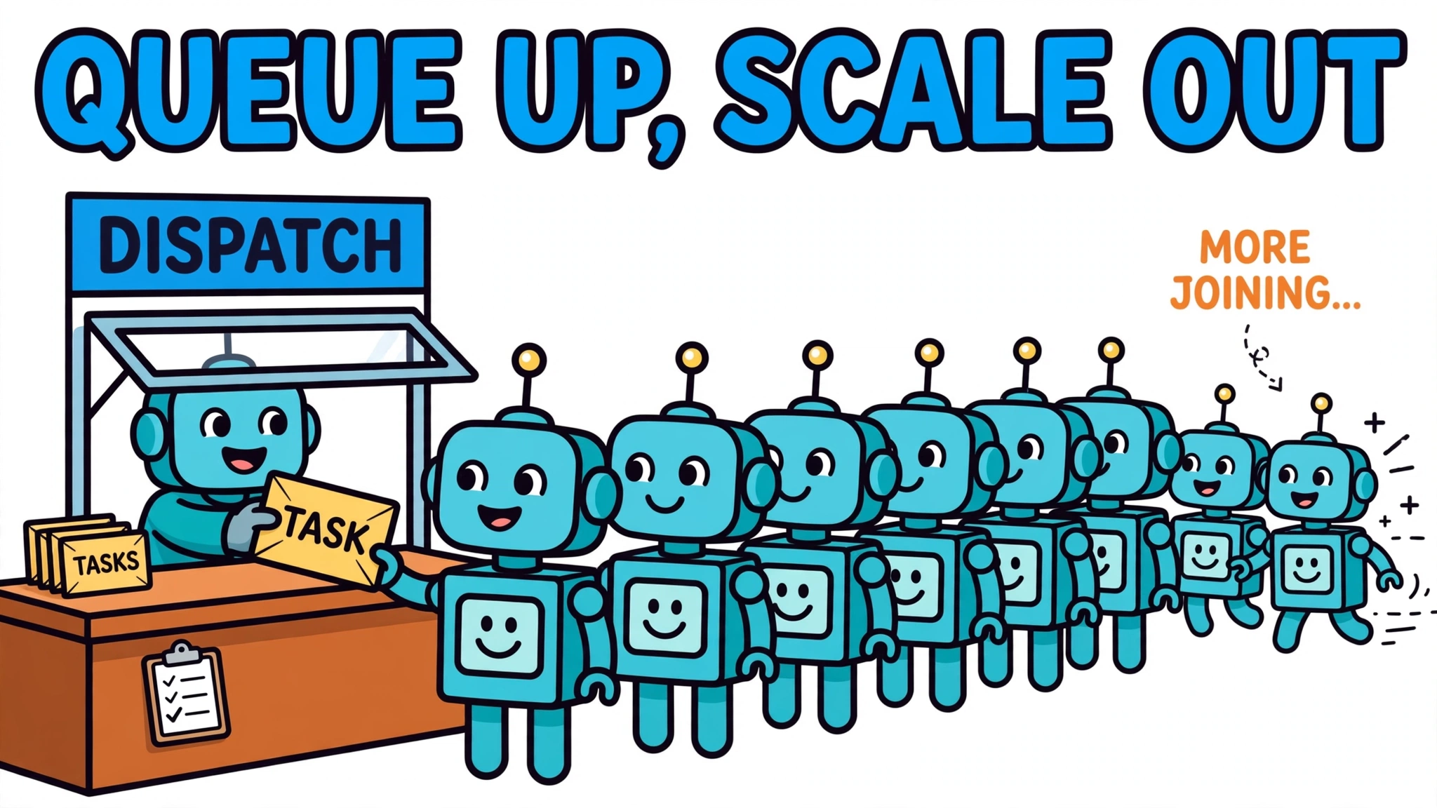 Cartoon robot workers queueing at a dispatch window where task envelopes are handed out one by one