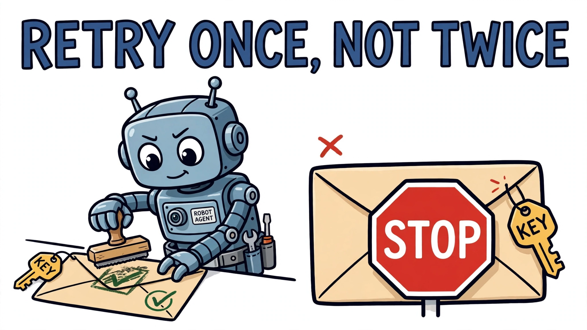 Cartoon robot agent stamping one key-tagged envelope while an identical duplicate envelope is blocked by a stop sign